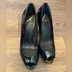 Brian Atwood Black iridescent platform peep toe pumps